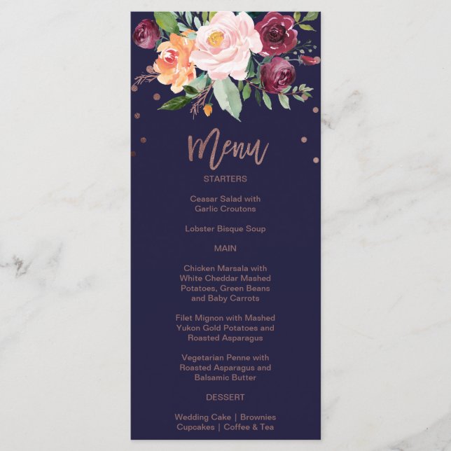Autumt Floral Rosa Gold Dinner Menu Card (Anverso)