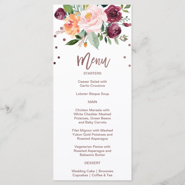 Autumt Floral Rosa Gold Light Dinner Menu Card (Anverso)