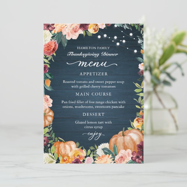 Autumt Floral Thanksending Menu Card (Anverso de pie)