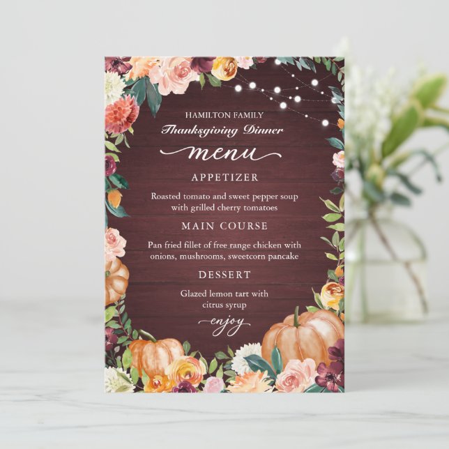 Autumt Floral Thanksending Menu Card (Anverso de pie)