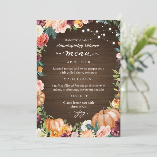 Autumt Floral Thanksending Menu Card (Anverso de pie)
