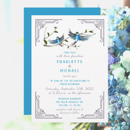 Ave azul de la invitación a la boda de la felicida