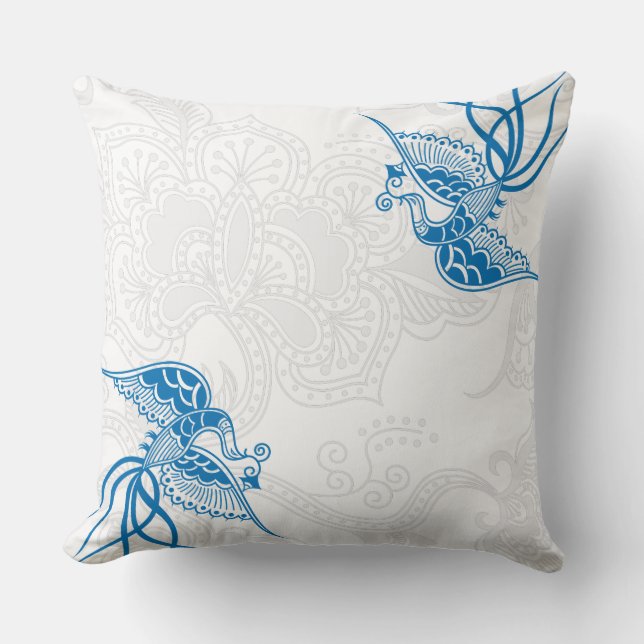 Ave azul deslumbrante y almohada de patrón floral (Anverso)