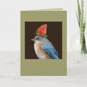 ave azul hembra con tarjeta de fresa