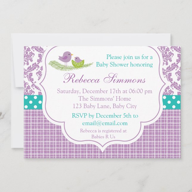 Ave Baby Shower Invitación Neutral Damasco Púrpura (Anverso)