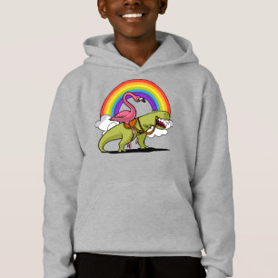 Ave flamenca montando arcoiris en dinosaurio T-Rex