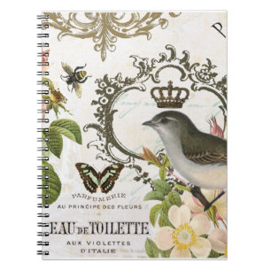 Ave francés vintage con cuaderno de corona