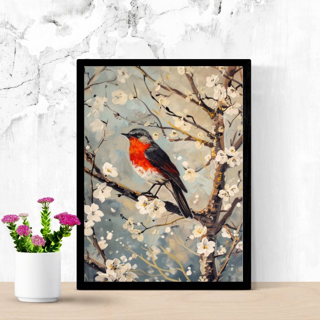 Ave pintada de arte acuarela en flores blancas de  (Red Breast Bird in Tree with White Flower Blossoms Wall Art Poster Print.)