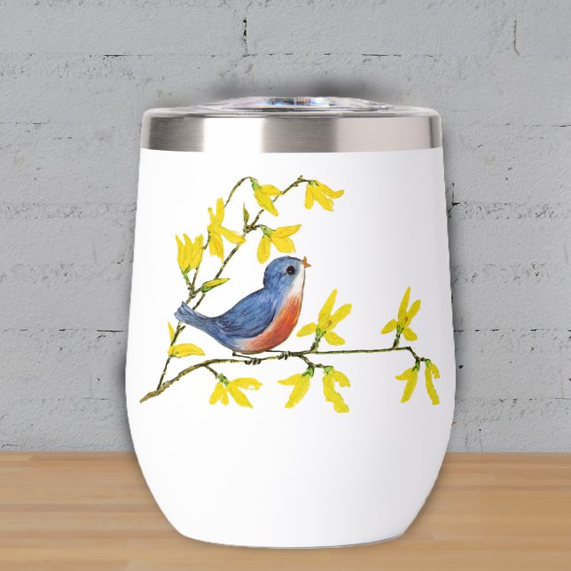Ave Rojo Azul bonito en las flores amarillas (Cute little red and blue bird on branch with bright yellow flowers on drink thermal tumbler.)