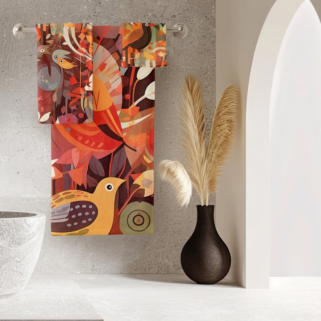 Ave tropical colorida y caprichosa (A colorful fantasy bathroom towel set featuring an abstract artistic design with tropical birds)