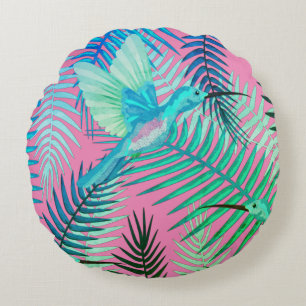 Ave tropical verde y almohada redonda de impresión