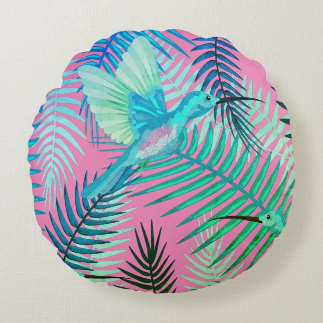 Ave tropical verde y almohada redonda de impresión (Anverso)