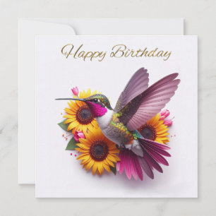 Ave zumbido volando con flores Feliz cumpleaños