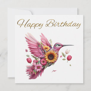 Ave zumbido volando con flores Feliz cumpleaños