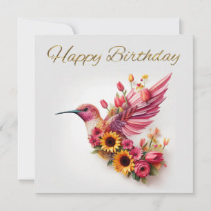 Ave zumbido volando con flores Feliz cumpleaños