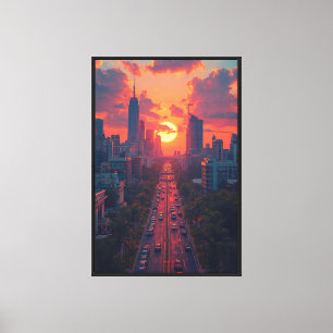 Avenida Atardecer Dorado – Lienzo de la silueta ur