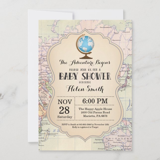 Aventura Baby Shower Invitación Map Mundo de Viaje (Anverso)