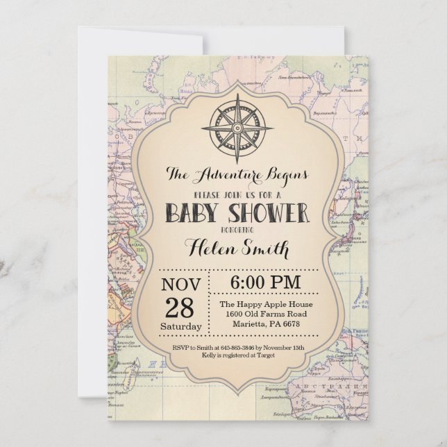 Aventura Baby Shower Invitación Map Mundo de Viaje (Anverso)