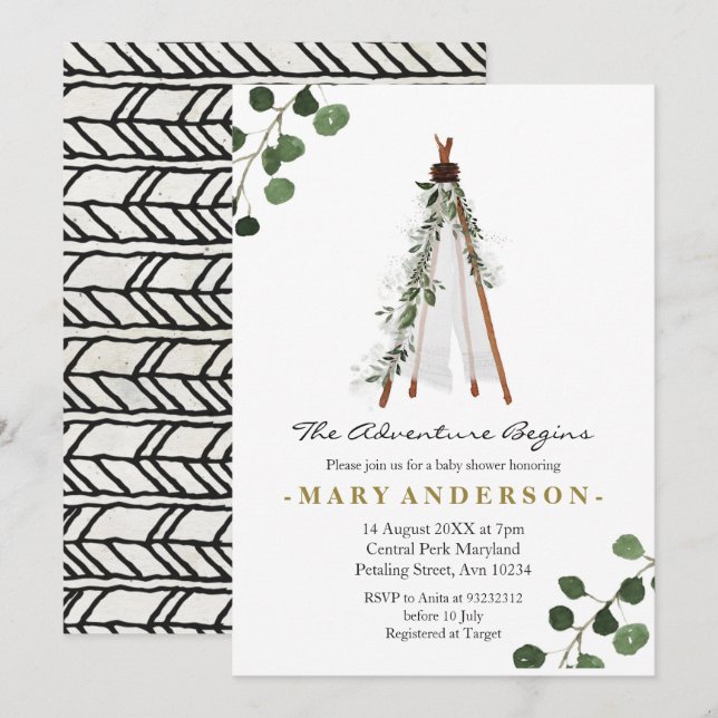 Aventura BohoTeepee invitación a la ducha para beb (Anverso / Reverso)