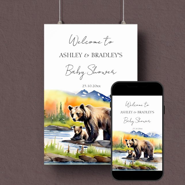 Aventura espera señal de bienvenida de la ducha de (Adventure awaits national parks themed baby shower welcome sign poster digital download bear cub mom)