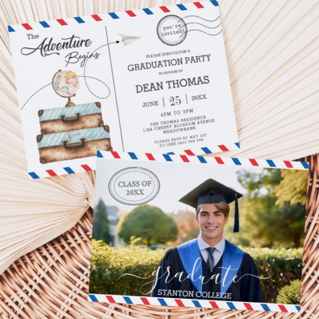 Aventura para equipaje de postal comienza fiesta d (the-adventure-begins-postcard-suitcases-globe-graduation-party-photograph-invitation-card-printed)