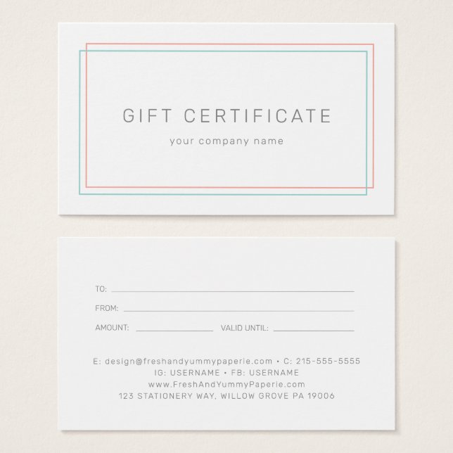 AVERY Coral and Teal Business Gift Certificate (Anverso y reverso)