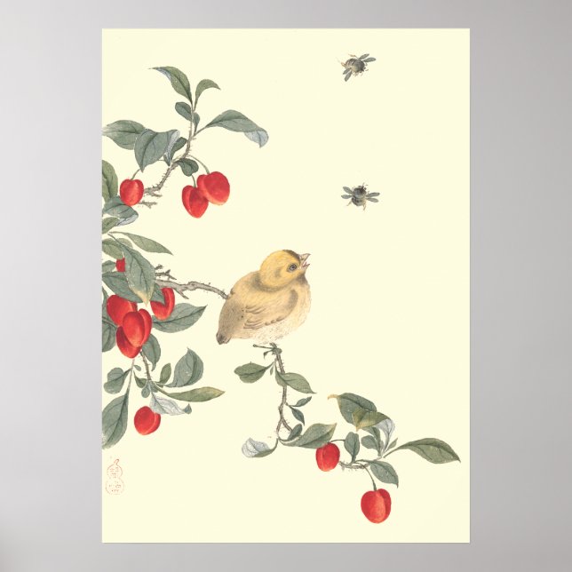 Aves, abejas y cerezas arte oriental antiguo (Frente)