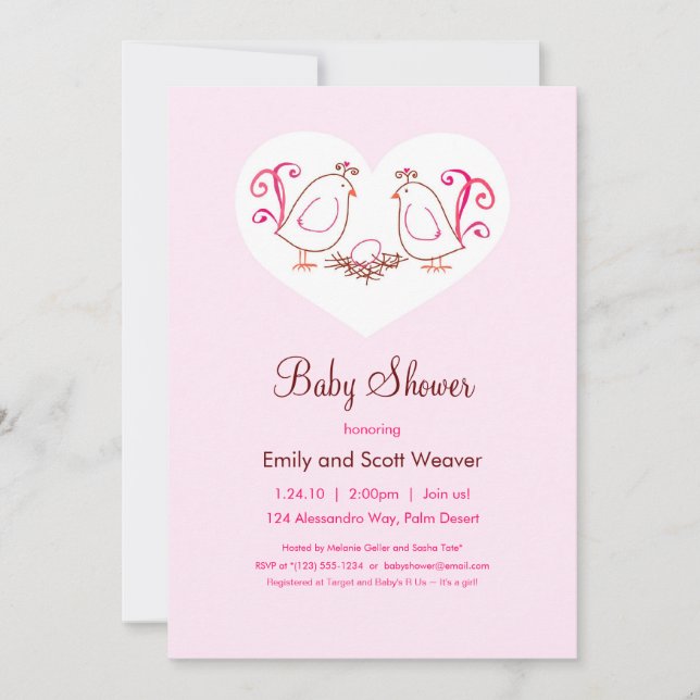 Aves Amantes Rosa y Ducha Nest Baby Invitaciones (Anverso)
