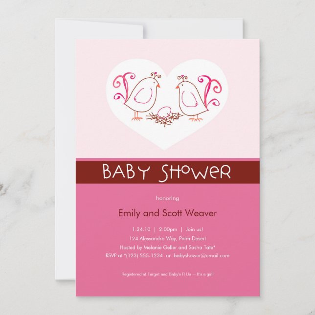 Aves Amantes Rosa y Ducha Nest Baby Invitaciones (Anverso)