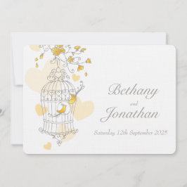 Aves amarillas abren jaula invitación a la boda