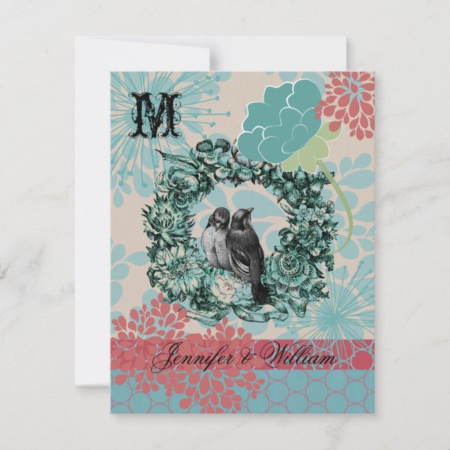 Aves amorosas con tarjeta RSVP de boda floral (Anverso)