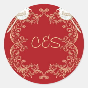 Aves amorosas Crimson/Creme Boda Pegatinas de sobr