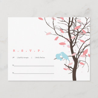 Aves amorosas en árbol RSVP - rosa y azul
