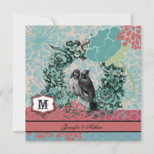 Aves amorosas en invitación a matrimonio con flore