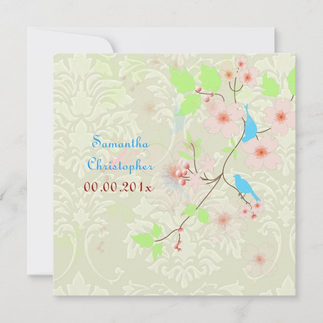 Aves amorosas en invitaciones de matrimonio damasc (Anverso)