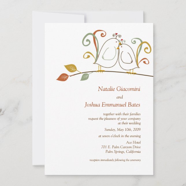 Aves amorosas en ramas invitaciones de matrimonio (Anverso)