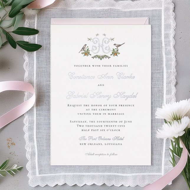 Aves amorosas "H" Invitación a la boda de Relieve  (Subido por el creador)