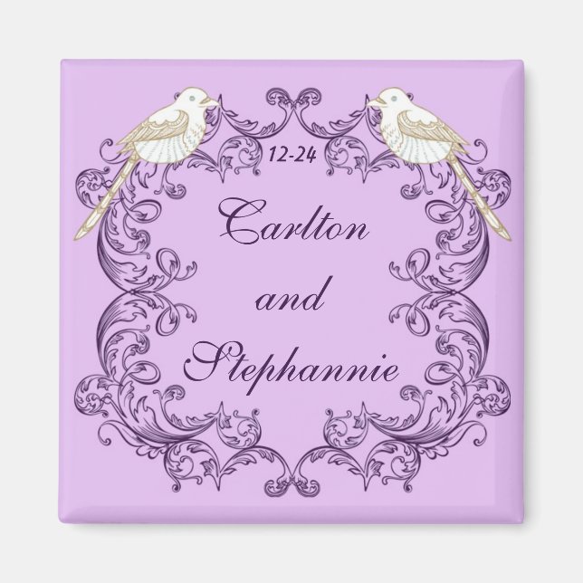 Aves amorosas: imán Boda morado/lavanda (Frente)