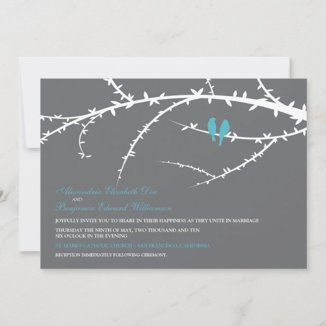 Aves amorosas Invitación a la boda (aqua) (Anverso)
