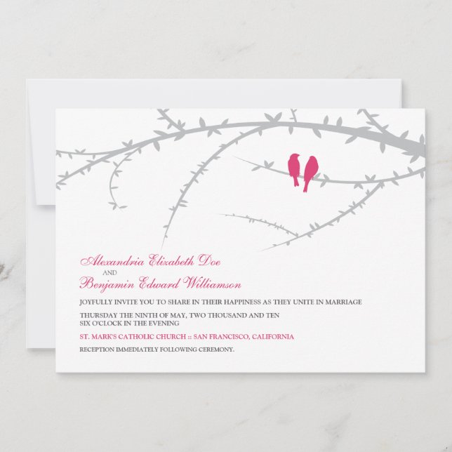 Aves amorosas Invitación a la boda (fuchsia) (Anverso)