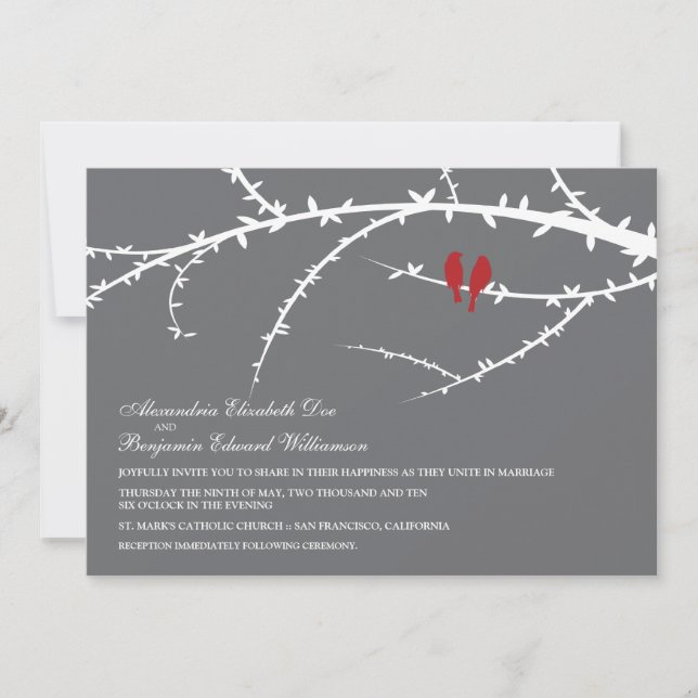 Aves amorosas Invitación a la boda (rojo) (Anverso)