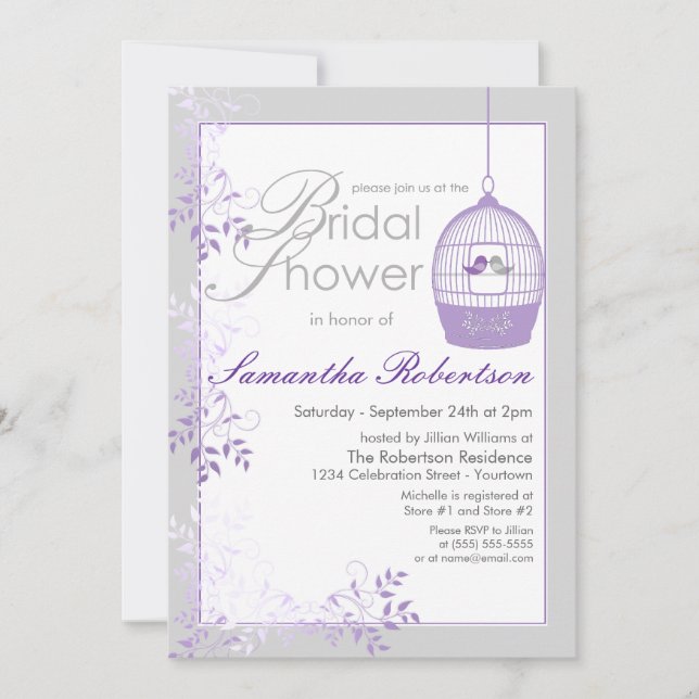Aves amorosas Lilac Bridal Shower Invitaciones (Anverso)
