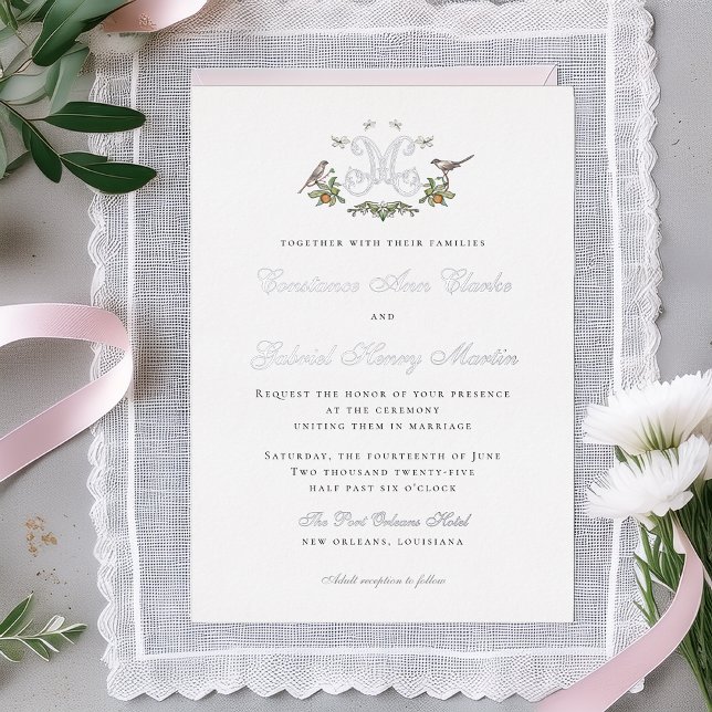 Aves amorosas "M" Invitación a la boda de Relieve  (Subido por el creador)