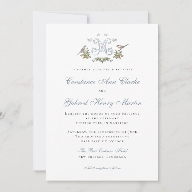 Aves amorosas "M" Invitación a la boda monograma (Anverso)