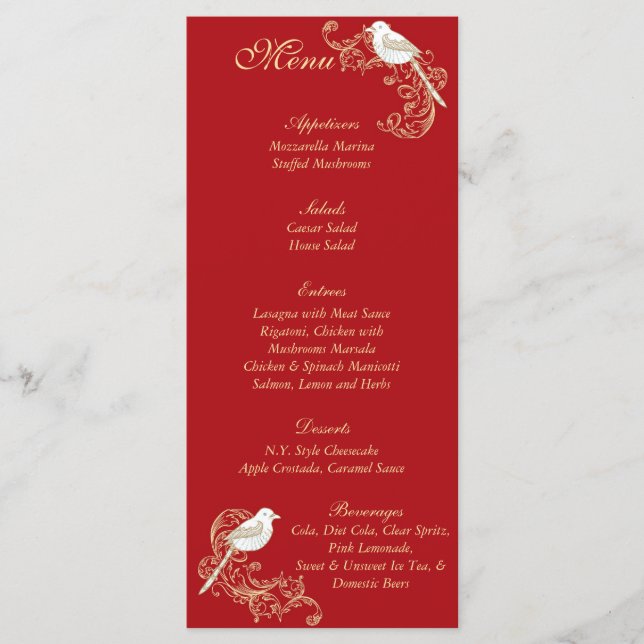 Aves amorosas Menú Crimson/Creme Boda (Anverso)