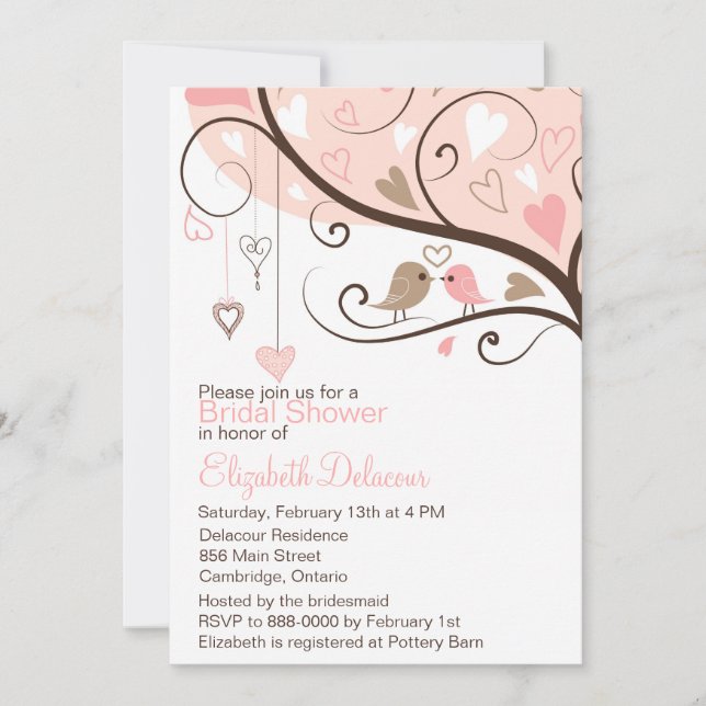 Aves amorosas rosas y marrones Invitación a la duc (Anverso)