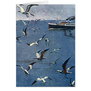 Aves Animales Antiguos, Gaviotas y Barcos de Pesca
