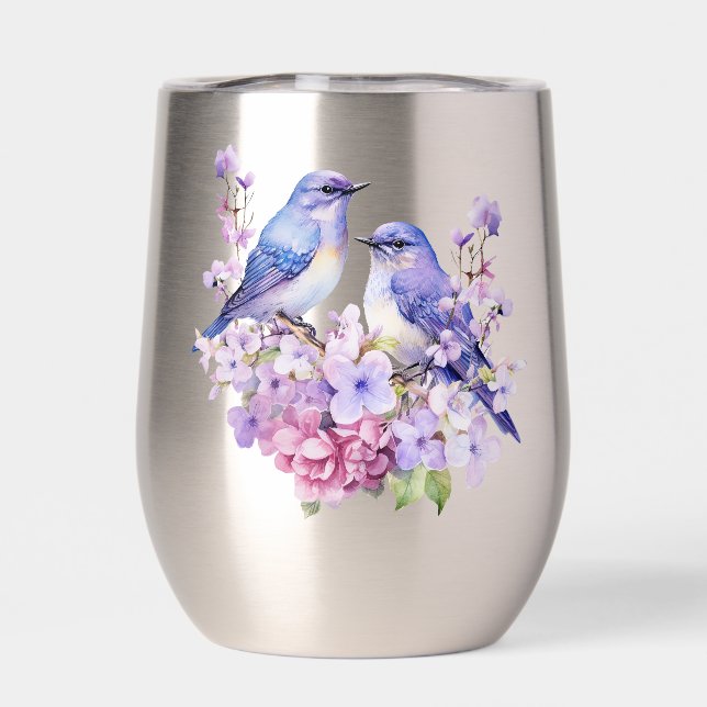 Aves Azules En Flores De Lilac (Trasero)