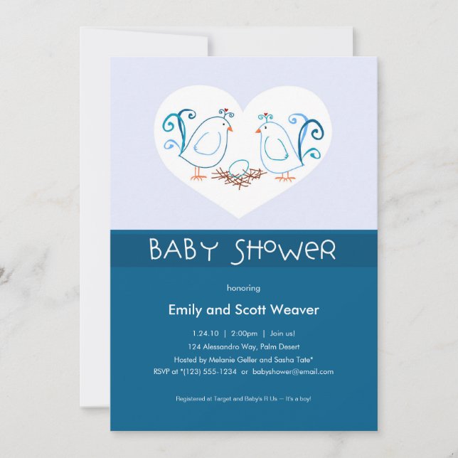 Aves Azules y Ducha Nest Baby Invitaciones (Anverso)