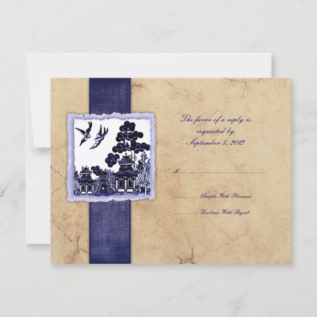 Aves con amor azul e marfil Boda vintage RSVP (Anverso)